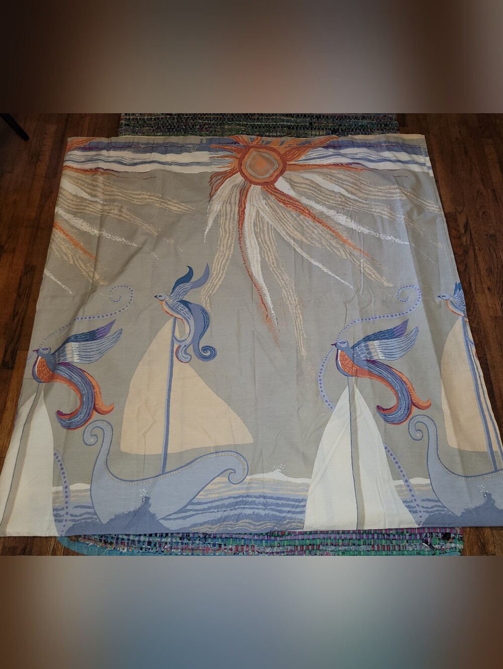 Vintage 1970s Helen Webber Burlington King Size Flat Bed Sheet Sun Fish Sailboat